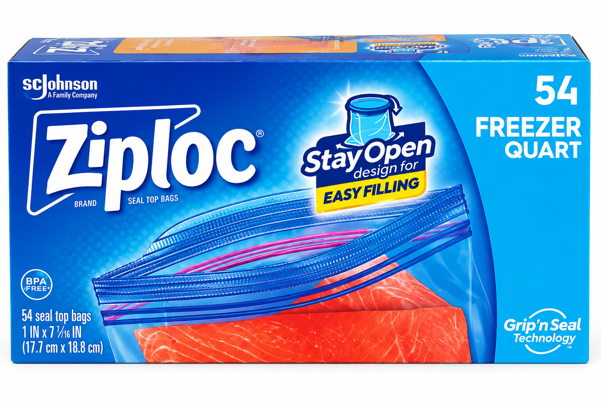 Ziploc Brand Quart Freezer Storage Bags, Stay Open Design, Easy to Fill,— 54Count
