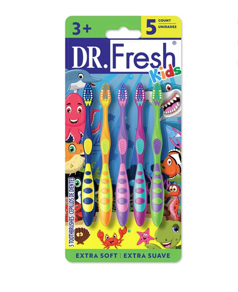 Dr. Fresh Brand Kids Toothbrush with Non-Slip Handle, Tongue Cleaner, Soft Bristles, 5 Count
