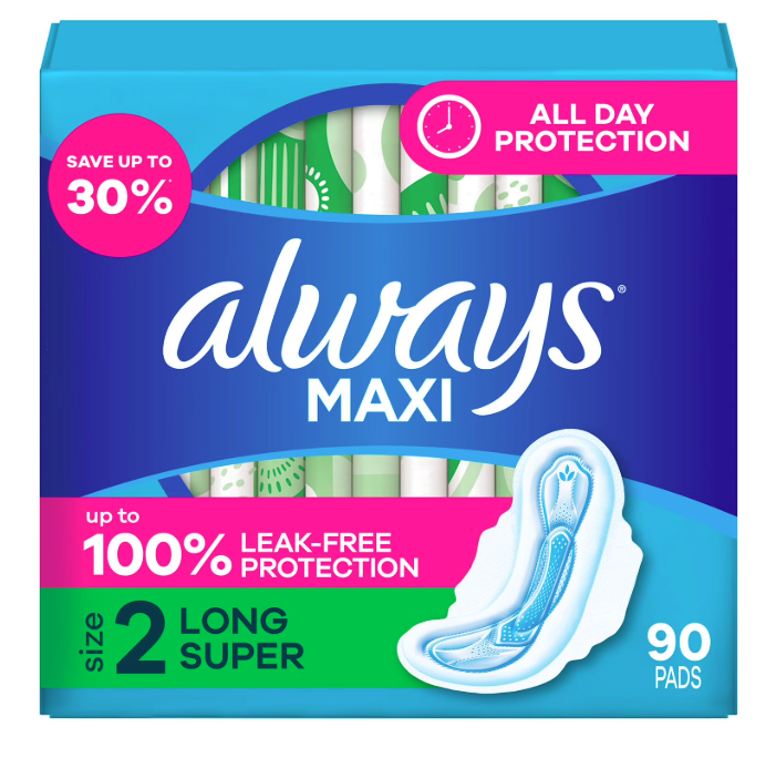Always Maxi Long Pads, Unscented, Size 2, 90 ct.