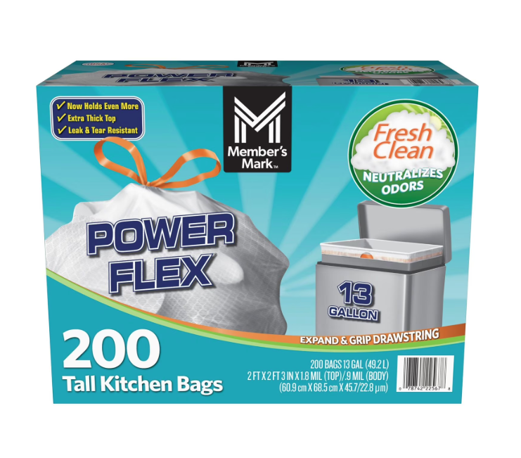 Member's Mark Power Flex 13-Gallon Tall Kitchen Trash Bags, Fresh Scent, 200 ct.