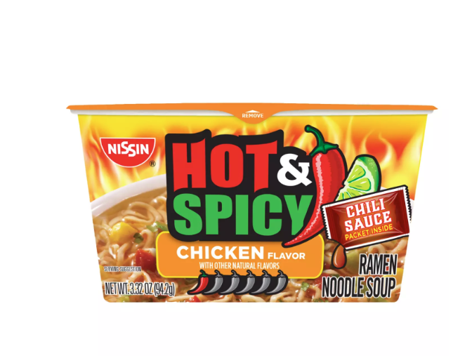 Nissin Hot and Spicy Ramen Noodle Soup Bowl, Chicken Flavor, 3.27 oz.