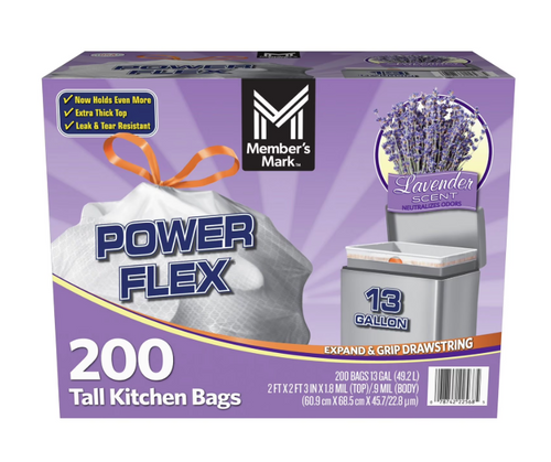 Member's Mark Power Flex 13-Gallon Tall Kitchen Trash Bags, Lavender, 200 ct.